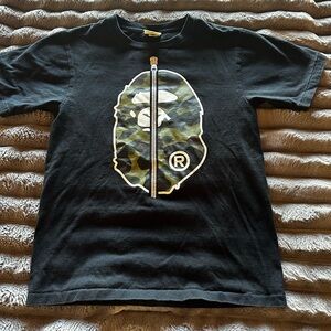 Bape Black Tee with Green Camo Ape Head and Zip Graphic